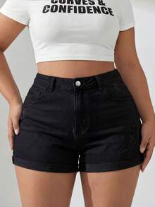 Plus Size High Stretch Black Denim Shorts With Distressed Details, Buttons, Zipper And Pockets Casual Summer - Black - View 4