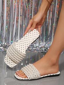 Plus Size 41 Beige Women's Sandals Spring/Summer New Square Toe 42 Ladies Flat Sandals Match Skirts Leg-Lengthening Fashion Rhinestone Slides Beautiful Girl Summer Beach Shoes Non-Slip Home Slippers Pretty Girl Plastic Slippers 43 - Beige - View 2