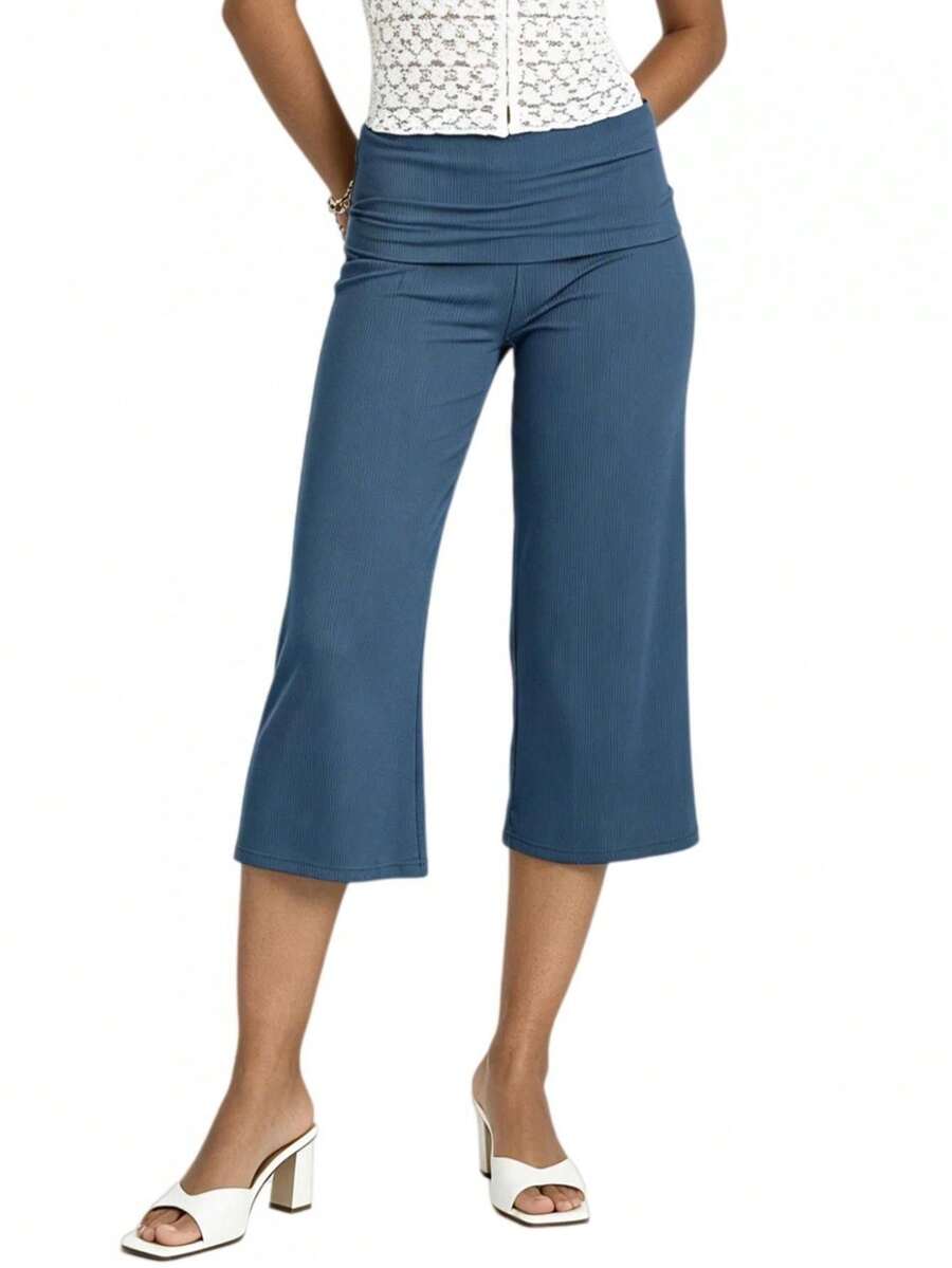 Womens Wide Leg Capris Casual Fold Over Waist Stylish Solid Color Mid Rise Cropped Pants - Teal Blue - View 1