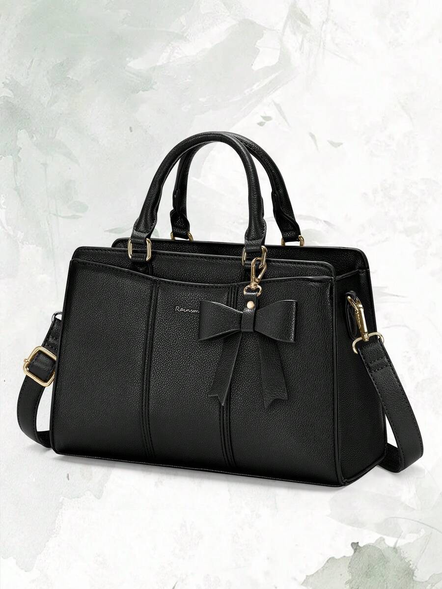 Women's Lightweight Multi-Compartment Tote Crossbody Bag, PU Material, Detachable Bow Decoration, Adjustable Shoulder Strap, Smooth Zipper, Suitable For Daily Work And Office Use