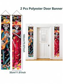 2pcs Mexican Day Of The Dead Door Curtain, Sugar Skull And Floral Pattern Door Curtain Backdrop, Vintage Style Skull And Marigold Decoration, Day Of The Dead Door Decor, Halloween Party Supplies, Suitable For Living Room Bedroom, Halloween, Day Of The Dead, Decorative Panel, Entrance Decor, Holiday Decor, Halloween Decoration - Day Of the Dead Skeletons - View 5
