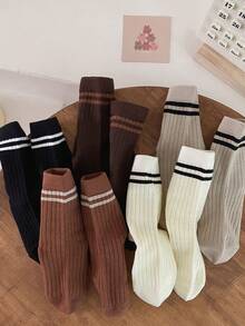 5pairs/pack Kids' Socks, College Style Two-bar Striped Sport Socks, Unisex Baby Socks, White Mid-calf Socks For Students - Black and White - View 3