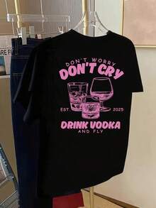 Camiseta de manga corta con estampado premium en la parte delantera y trasera - Estampado de moda "No llores, bebe y vuela" - Camiseta de mujer con estampado de moda para primavera/verano, artículo de moda ecológico. - Blanco - Ver 8