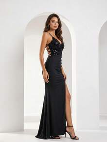 YISIKADO Vestido de noche para mujer con lentejuelas, tirantes finos, espalda descubierta, espalda cruzada, abertura y bajo de cola de pez, para fiesta y boda, color negro - Negro - Ver 4