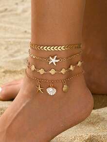 4pcs Summer Beach Vacation Style Multi-Layered Stacked Anklet Set, Design Shell & Starfish Decor Gold Anklets, Fashionable Women's Foot Jewelry, Suitable For Daily Wear, Vacation, Party And Date - Gold - View 1