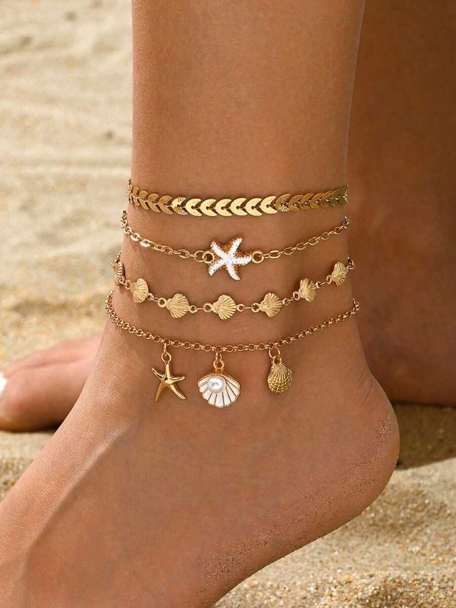 4pcs Summer Beach Vacation Style Multi-Layered Stacked Anklet Set, Design Shell & Starfish Decor Gold Anklets, Fashionable Women's Foot Jewelry, Suitable For Daily Wear, Vacation, Party And Date - Gold - View 1