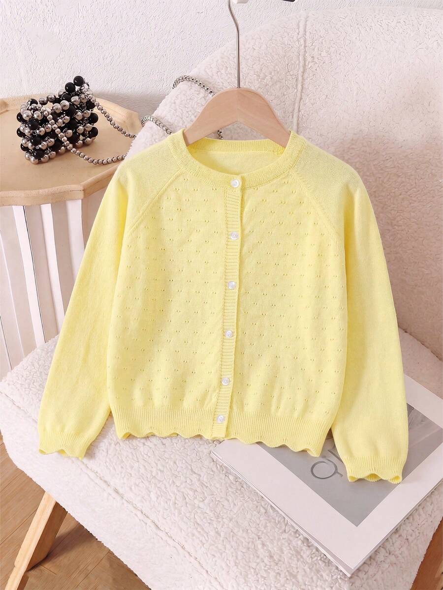 Girls' Solid Color Knitted Lightweight Cardigan, Suitable For Home Wear, Outings, Or Eid Al-Adha Gift