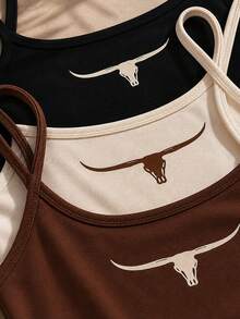 Set Of 3 Women's Country Western Longhorn Ribbed Premium Fitted Tank Tops - 黑色,棕色和米白色 - 查看 3