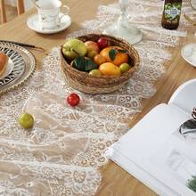 5pcs 12" X 120" White Lace Table Runner, Vintage Wedding Baby Shower Party Decor, Country Rose Embroidery Boho Style Table Runner - A - View 5