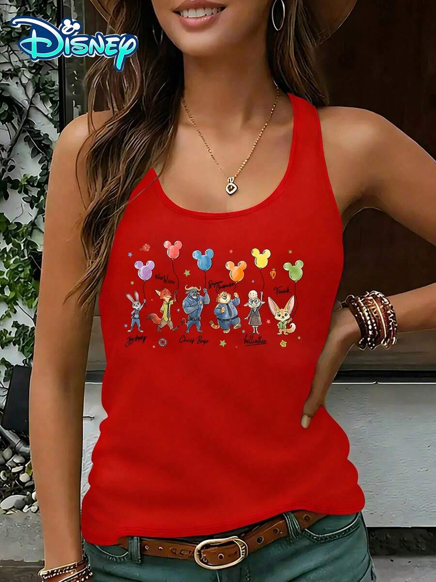 Disney Official Authorization | Women's Casual Round Neck Sleeveless Vest. With The Theme Of "Crazy Animal City", With The Role Group Image And Mickey Balloon Print, It Is Healing And Full Of Childlike Fun. It Is A Forest Style Item For Daily Wear And An Ideal Choice For Showcasing A Gentle Style. - Đỏ - Xem 1
