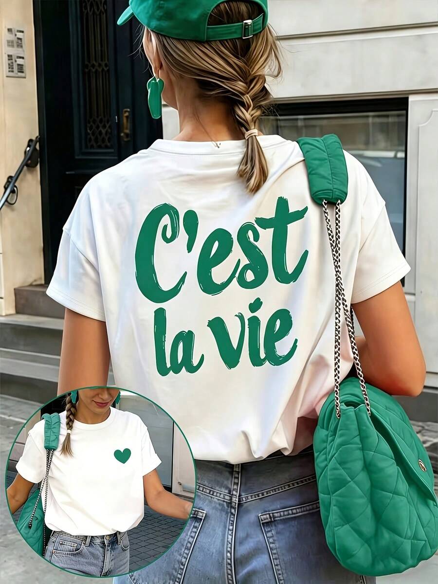 Camiseta de manga corta para mujer Delicate Direction, diseño moderno y fácil, con estampado frontal y trasero y cuello redondo, ideal para citas, restaurantes y estilo urbano. - [Blanco] - Ver 1