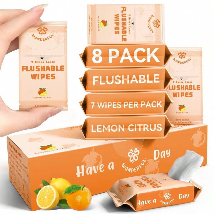 Travel Flushable Wipes, 8 Mini Packs, Lemon Citrus Plant-Based Wet Wipes For Adults, Septic, Gentle For Sensitive Skin & Hypoallergenic (Total 56 Wipes) - 檸檬柑橘 - 查看 1
