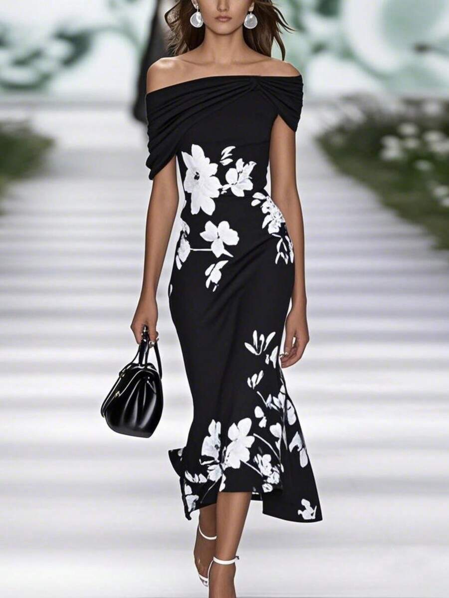 Popular Off-The-Shoulder Print Dress With Short Sleeves - 黑色 - 查看 1