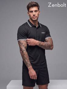 ZULIZ Camisa polo masculina Zenbolt de manga curta com gola em cores contrastantes e estampa do logotipo na frente, modelo casual. - Preto - Ver 2