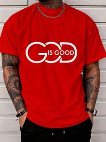 Camiseta de hombre 100% algodón puro con estampado de letras de fe cristiana "GOD IS GOOD", camiseta religiosa transpirable y ligera para primavera y verano, de manga corta. - Rojo - Ver 1