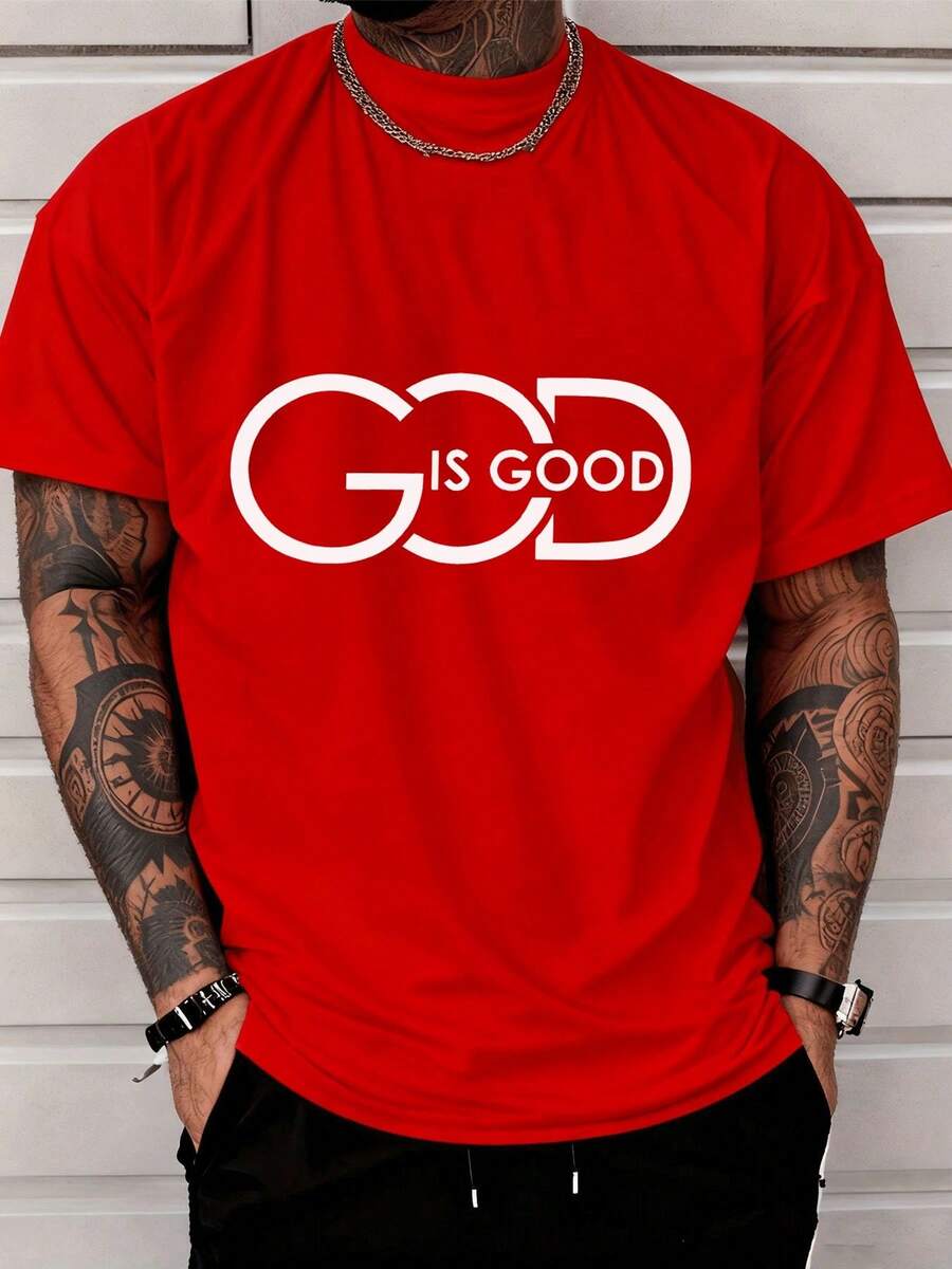 Camiseta de hombre 100% algodón puro con estampado de letras de fe cristiana "GOD IS GOOD", camiseta religiosa transpirable y ligera para primavera y verano, de manga corta. - Rojo - Ver 1