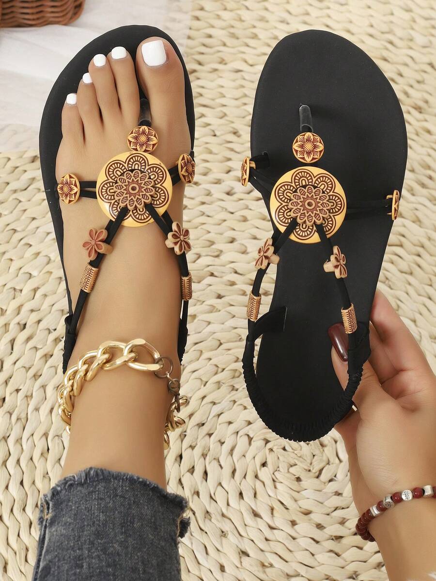 Flat Toe-Post Sandals Bohemian PU Leather Beaded Party Summer - Black - View 1