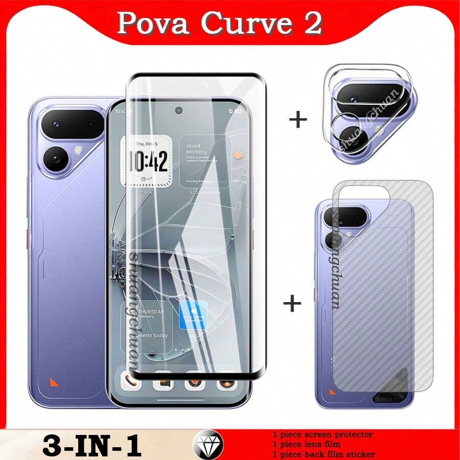 Protector de pantalla 3 en 1 para Pova Curve 2: Vidrio templado + Película para lente + Pegatina trasera antihuellas, dureza 9H - GBJ# - Ver 1