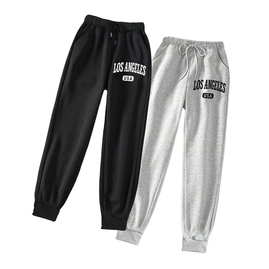 2 Pieces Cartoon Letter Print Drawstring Waist Sports Pants - 灰色 - 查看 1
