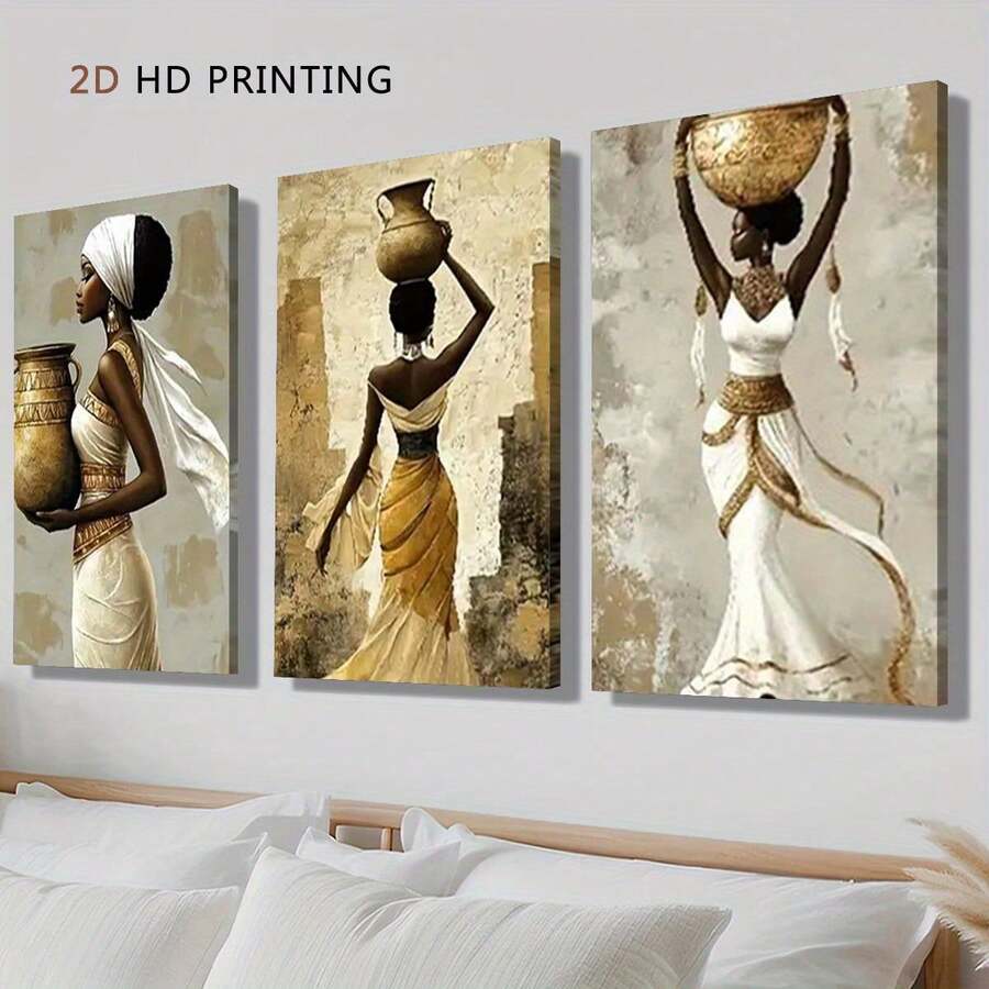 3pcs Vintage Wall Art Prints, Unframed Canvas Prints - African Canvas Wall Decor, Minimalist, Elegant Women, Room Decor, Home Decor, College Dorm Apartment Decor, Hotel, Home, Living Room, Bedroom, Bathroom And Office Wall Decor Gift