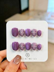 10pcs Handmade Dreamy Purple Round Nail Stickers, Embedded Cat Eye ...