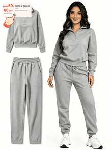 Women's Two-Piece Tracksuit With Half Zip And Matching Pants - 灰色 - 查看 9