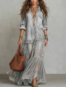 Elegant Boho Two-Piece Co-Ord Set, Oversized Roll-Up Sleeve Shirt With Sheer Tiered Maxi Skirt, Ruffle Trim Detail, Romantic & Effortless Vibe, Perfect For Vacation, Beach Cover-Ups & Casual Outings,  Flowy Set For Women - 綠色 - 查看 6