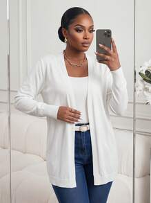 SHEIN Lady CURVE Plus Size Solid Casual Design Cardigan,Women Clothes Spring - White - View 1