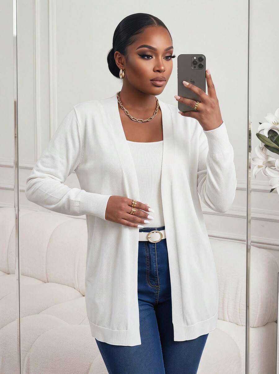 SHEIN Lady CURVE Plus Size Solid Casual Design Cardigan,Women Clothes Spring - White - View 1