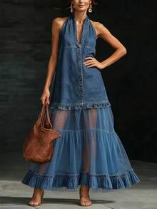 Women's Halter Neck Denim & Tulle Tiered Maxi Dress Dark Wash Button Front Ruffle Hem Mixed Media Dress Boho Halter V-Neck Denim Top With Sheer Tulle Skirt - 淺藍色 - 查看 2