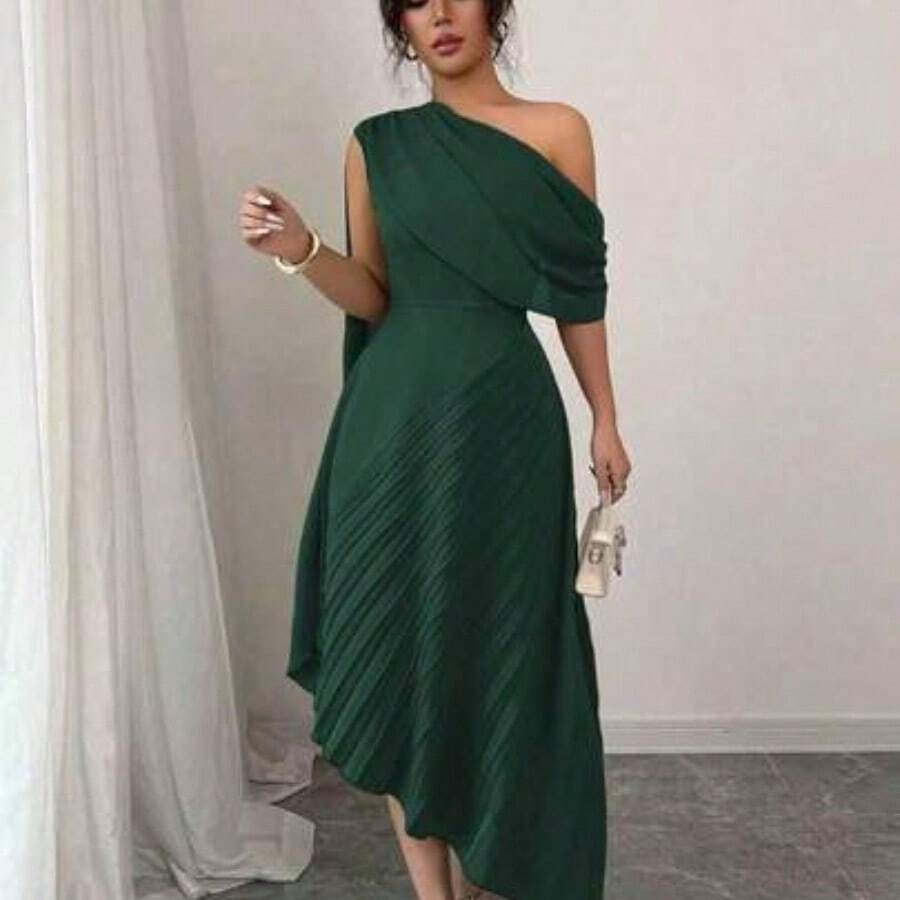 Vestido plisado sin mangas con cuello de bufanda elegante y fluido, brillante, para primavera/verano - Verde Oscuro - Ver 1