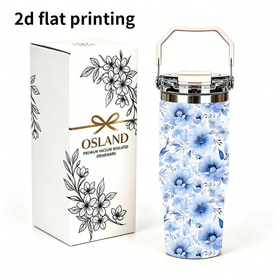 1/5pcs 30oz Large Capacity Insulated Tumbler, Blue Watercolor Floral Print, Dual-Use Flip Lid, Leak-Proof Seal, Suitable For Summer Outings, Camping And Daily Use, Great Gift - Blue Watercolor Floral Pattern - View 1