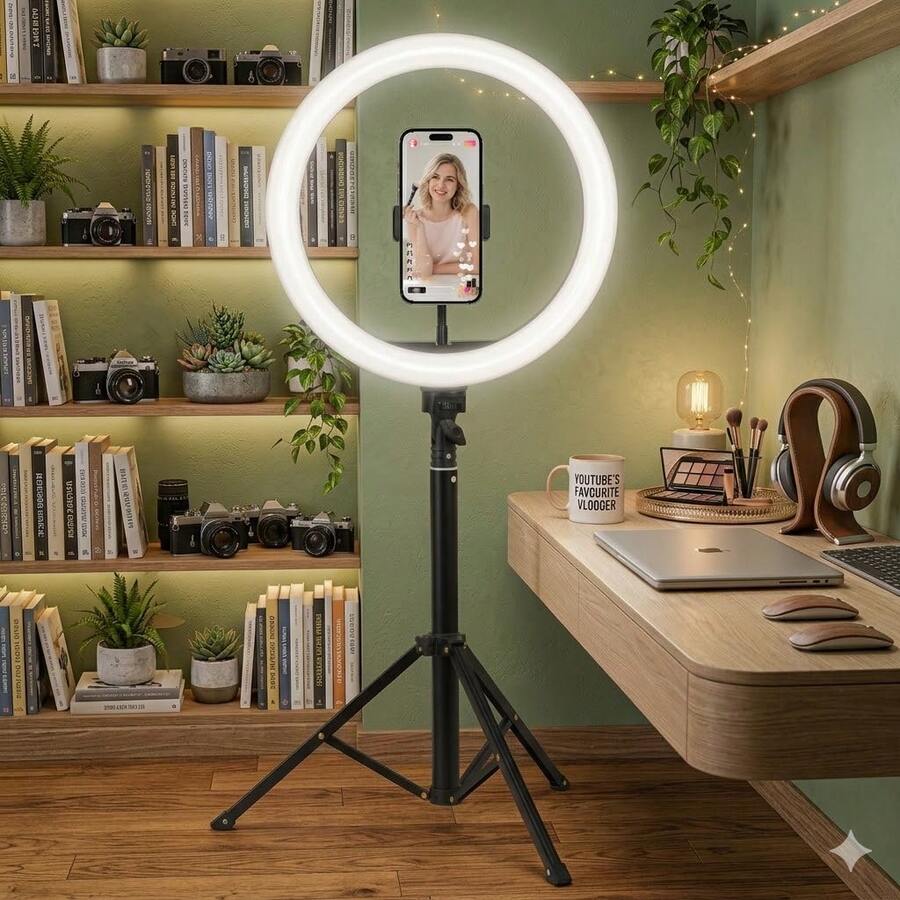 KEELEAD 10-Inch 3-Color Dimmable Selfie Ring Light With Tripod Stand, Large Size Portable Adjustable Lighting For Photography, Makeup, Live Streaming, Compatible With Smartphone - Multicolor - View 1