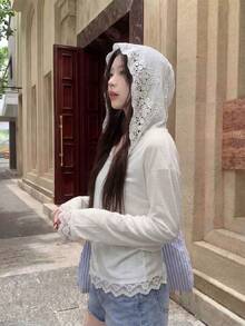 女士V领长袖上衣，优雅休闲甜美街头风，精致蕾丝镂空拼接工艺，白色柔软质地 - 白色 - 查看 9