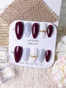 10pcs Kuku Almond Buatan Tangan Blok Warna Merah & Putih, Mata Kucing Kristal Perak, Garis Bubuk Cermin Emas, Warna Solid Minimalis, Nuansa Premium, Seni Kuku Tempel yang Mudah Dilepas - Burgundy - View 2