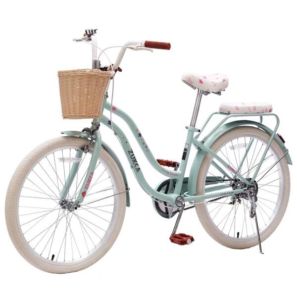 24-Inch Rear Shelf Cruise Car With Wicker Basket, Single-Speed Commuter Bike, Comfortable City Off-Road Vehicle With High Carbon Steel Frame. Suitable For Outdoor Cycling, Green Pink Peach Pink Optional, Retro High-Value Girl Bike, Enjoy A Comfortable Slow Life.