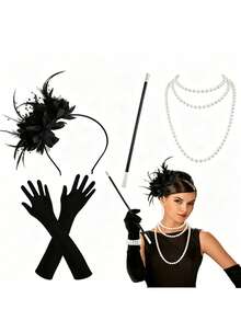 4pcs 1920s Flapper Costume Accessory Set, Includes Sequin Headband, Long Gloves, Prop Cigarette Holder And Multi-Layer Faux Pearl Necklace, Suitable For Vintage Theme Parties And Cosplay,Party - Multicolor - View 8