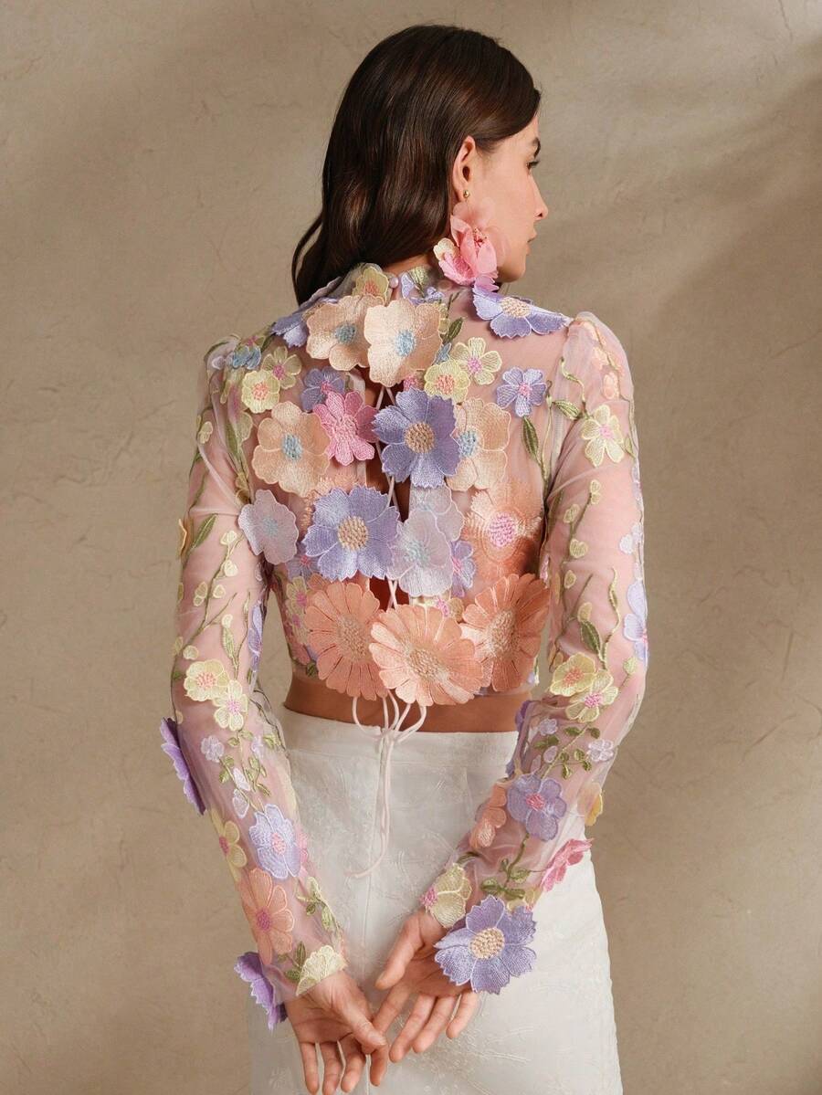 Blusa de malla con manga corta y flores 3D para mujer, blanca - Rosa Pálido - Ver 1