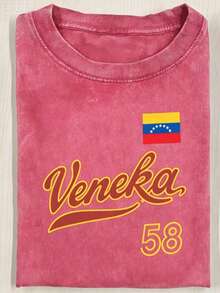 Modern Minimalist T-Shirt, 230g Washed T-Shirt, Vintage Pink Round-Neck T-Shirt, Decorated With A  Flag Pattern And The Words "Veneka 58", Vintage Cas - 玫紅色 - 查看 1