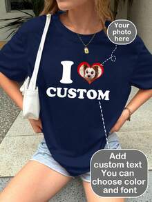 Custom "I Love You" Theme T-Shirt - Add Your Own Text And Photos (Couple Photos, Etc.) And Choose Your Favorite Font Style And Color Sports - Navy Blue - View 1