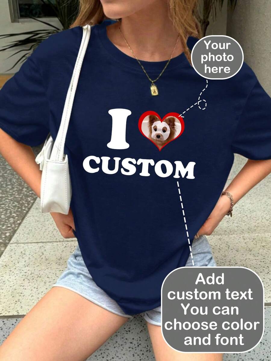 Custom "I Love You" Theme T-Shirt - Add Your Own Text And Photos (Couple Photos, Etc.) And Choose Your Favorite Font Style And Color Sports - Navy Blue - View 1