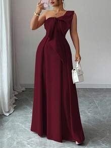 Vestido elegante y romántico con hombro asimétrico y lazo en la cintura en forma de A, adecuado para fiestas, bodas, damas de honor, otoño/invierno, tallas grandes - Burdeos - Ver 1