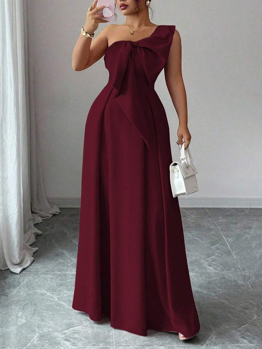 Vestido elegante y romántico con hombro asimétrico y lazo en la cintura en forma de A, adecuado para fiestas, bodas, damas de honor, otoño/invierno, tallas grandes - Burdeos - Ver 1
