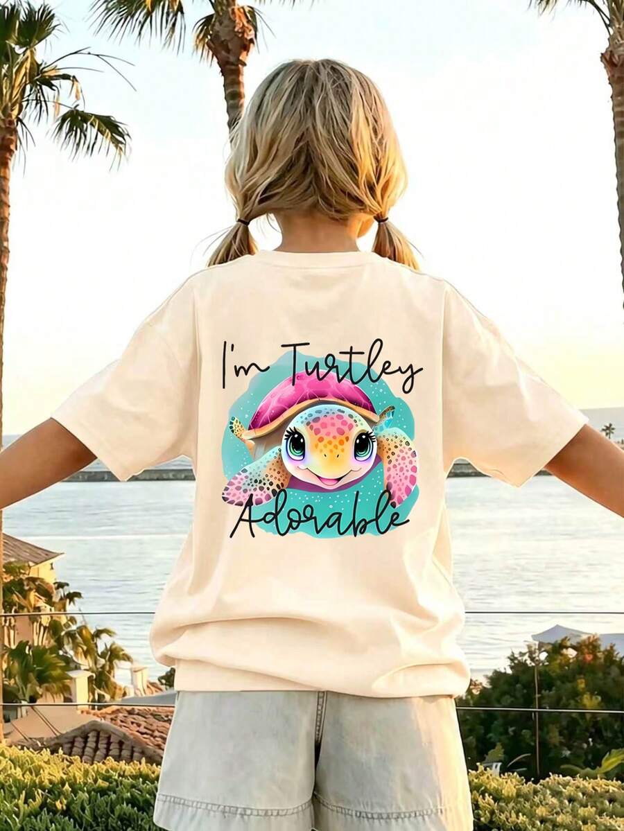 Camiseta de cuello redondo con estampado de tortuga marina linda para niña preadolescente, top de verano - Albaricoque - Ver 1