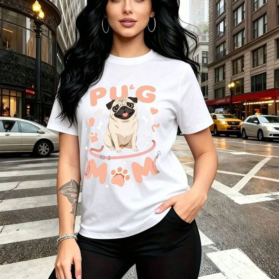 Camiseta de mujer con estampado divertido de "PU-G MOM" y pug en columpio corazón - diseño gráfico rosa estilo urbano con huellas y corazones, ajuste casual cómodo para uso diario - ideal para paseos por la ciudad, reuniones familiares o como regalo - Blanco - Ver 1