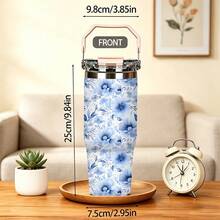 1/5pcs 30oz Large Capacity Insulated Tumbler, Blue Watercolor Floral Print, Dual-Use Flip Lid, Leak-Proof Seal, Suitable For Summer Outings, Camping And Daily Use, Great Gift - Blue Watercolor Floral Pattern - View 8