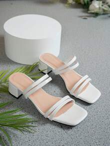 Sandal Hak Tinggi Hitam Wanita, Sandal Musim Panas Elegan Bahan Suede Imitasi dengan Ujung Terbuka dan Hak Tebal serta Tali Pergelangan Kaki - Putih - View 4