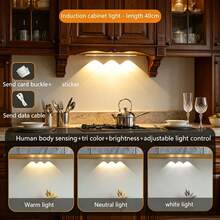 1 pieza Luz LED con sensor de movimiento para gabinete, Luz LED con sensor de movimiento, Luz decorativa, Luz LED para gabinete, Luz inteligente ultra delgada para encimera de cocina, 3 temperaturas de color, Adecuada para cocina, dormitorio, gabinete, armario, escaleras, pasillo - Luces de la colina - Ver 14