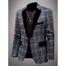 Men's Fashion Plaid Slim Fit Blazer, Button Closure, Long Sleeve, Regular Length, Casual Style Menswear Suits Formal Wetsuit Business Casual Outfits Checked Navy Blue - 棕色 - 查看 5