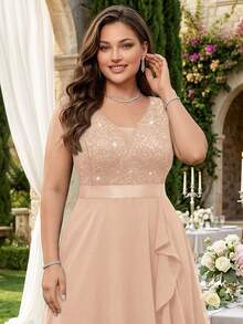 Plus Size Deep V-Neck Sequin Lace Patchwork Ruffle Hem Chiffon Formal Evening Party Dress, Summer Dress Elegant - Champagne - View 12